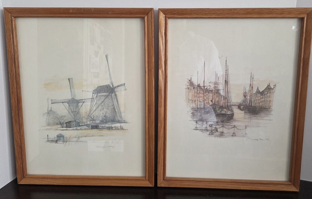 Pair Mads Stage Signed Lithograph Prints Nyhavn Copenhagen Kinderdijk Framed